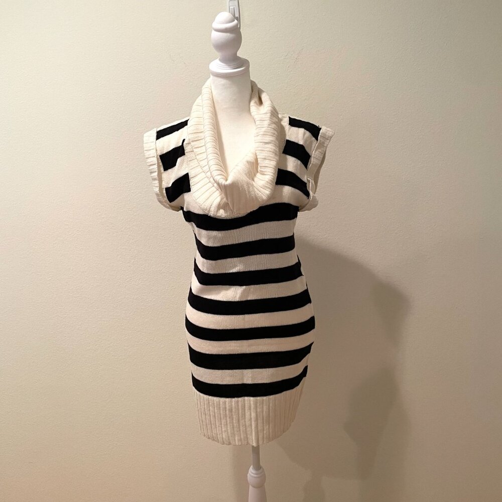 Ambiance Apparel  Knit Dress Turtle Neck Short Sleeves White Stripe Size: M
